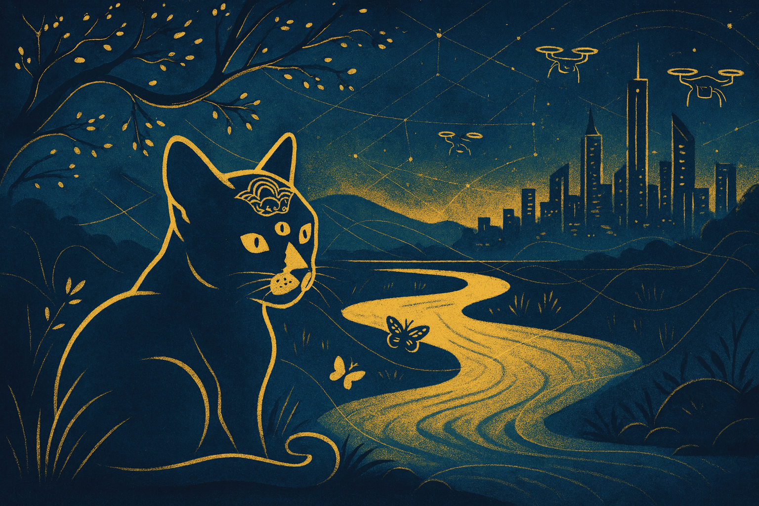 A cosmic Catgodhead by a stream, blending into starlit surroundings