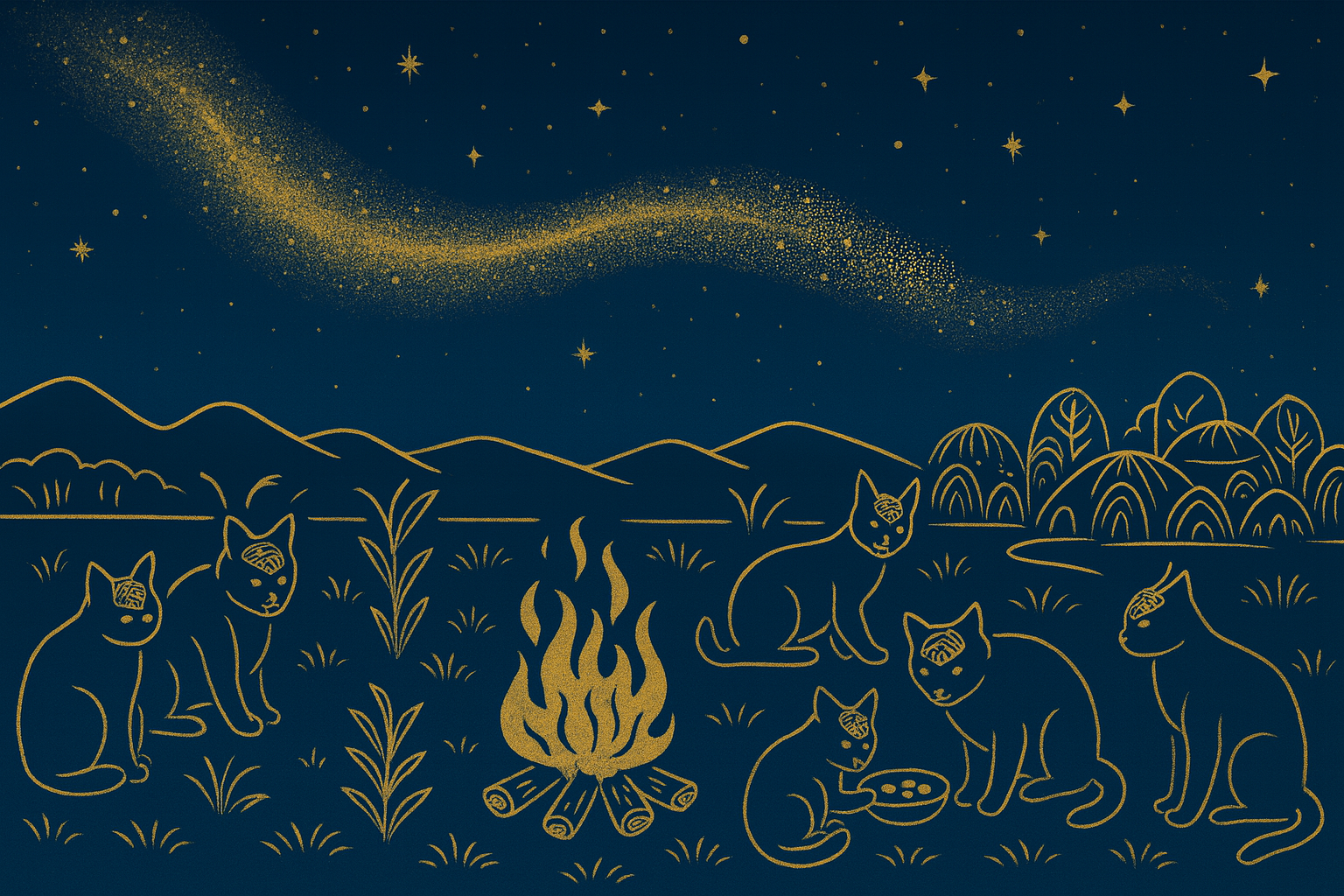 A cosmic nomads motif, journeying together across a starlit landscape