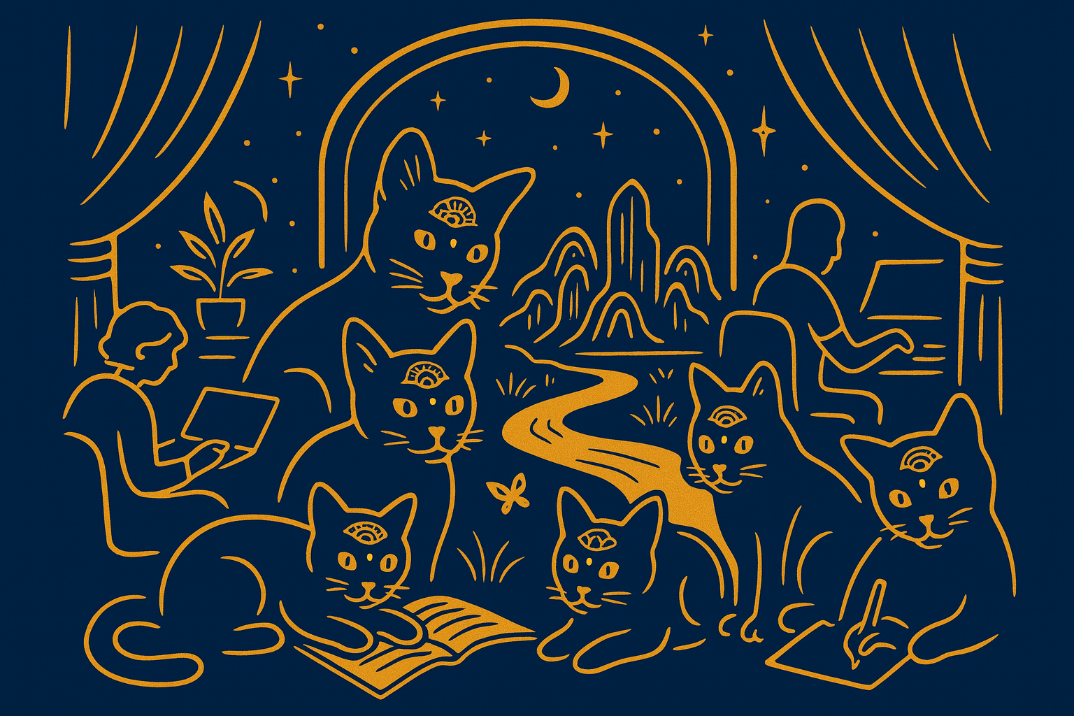 A cosmic office motif, a collaborative studio under a starlit sky